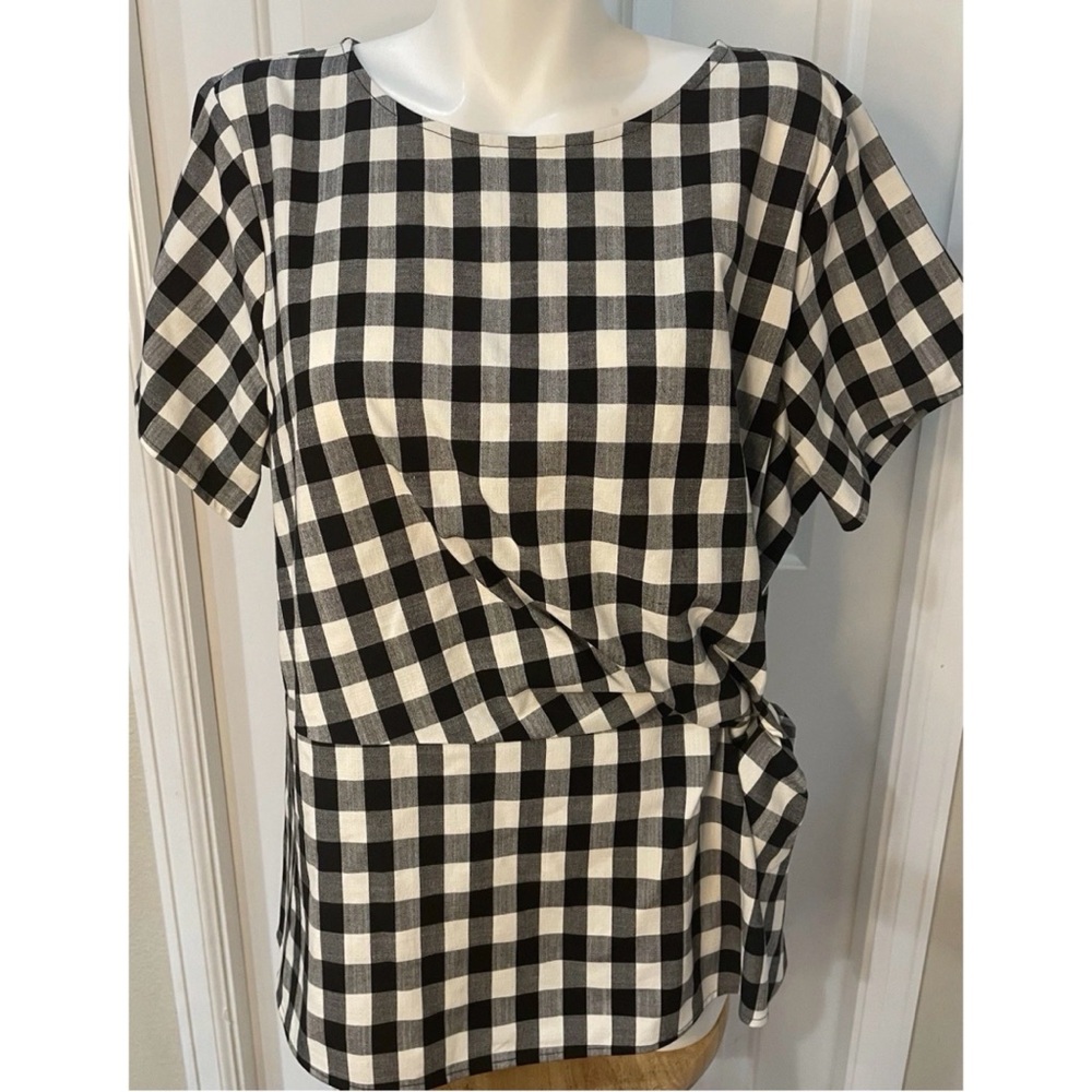 Liz Claiborne Womens Size 16 Top Black White Gingham Short Sleeves Ties Front